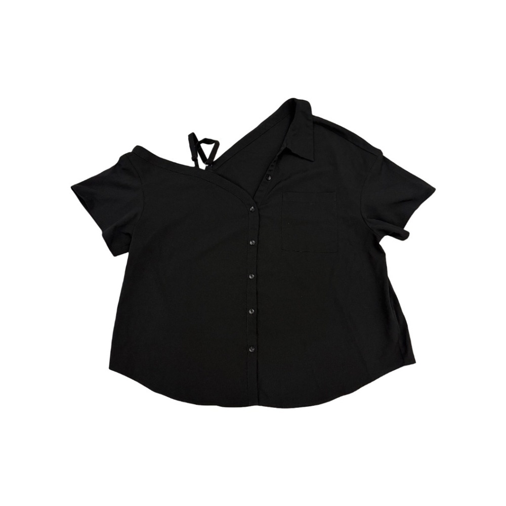 SHEIN Curve 3XL Black Asymmetrical Button Down Top Off Shoulder Tie Strap Blouse
